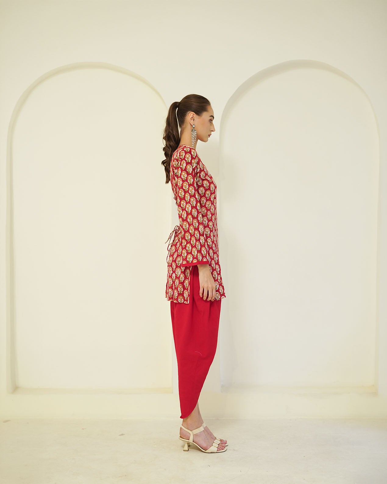 Lalita - Red Floral Block Print Short Kurta with Tulip Pants Set