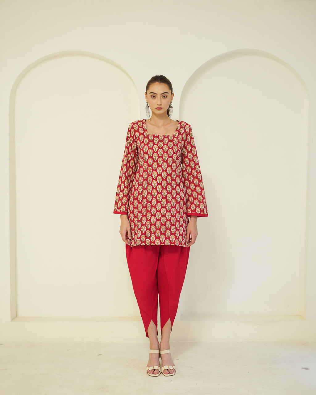 Lalita - Red Floral Block Print Short Kurta with Tulip Pants Set