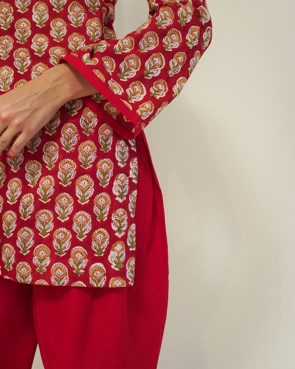 Lalita - Red Floral Block Print Short Kurta with Tulip Pants Set