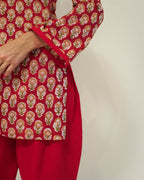Lalita - Red Floral Block Print Short Kurta with Tulip Pants Set