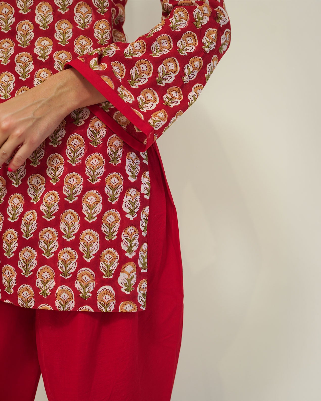 Lalita - Red Floral Block Print Short Kurta with Tulip Pants Set
